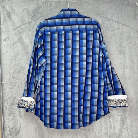 Robert Graham Shirt Mens XL Blue Plaid Flip Cuff Check Classic Fit Embroidered - Picture 2 of 14
